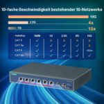 YuanLey Netzwerk-Switch im Metallgehäuse mit sechs RJ45-Anschlüssen und zwei SFP+-Steckplätzen an der Frontseite.