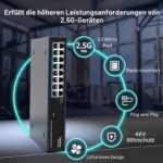 GiGaPlus S25-1600 Netzwerk-Switch im schwarzen Metallgehäuse mit 16 RJ45-Anschlüssen in einer Reihe an der Frontseite.