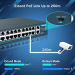 YuanLey 26 Port PoE-Switch im Metallgehäuse mit 24 PoE-Ports und zwei Gigabit-Uplinks auf der Frontseite.