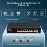 YuanLey 10 Port 2.5G PoE-Switch im schwarzen Metallgehäuse mit acht RJ45-PoE-Ports und zwei SFP+-Plätzen.