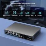 GiGaPlus S25-1602 Netzwerk-Switch im schwarzen Metallgehäuse mit sechzehn 2.5G-RJ45-Ports und zwei 10G-SFP+-Steckplätzen.