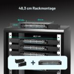 NICGIGA NIC-GS2421P PoE-Switch im schwarzen Metallgehäuse mit 24 PoE-Ports, zwei Uplink-Ports und SFP-Steckplatz.