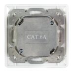 Geschirmte BIGtec Netzwerkdose CAT 6a in Signalweiss mit zwei RJ45-Buchsen, Schutzklappen und LSA-Anschluss.