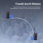 Sechs schwarze Retevis RT27 Handfunkgeräte mit Gürtelclips neben dem Sechs-Wege-Ladegerät.