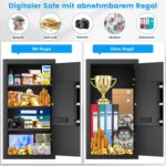 Schwarzer Tiskgg Standtresor mit 85 Liter, beleuchtete Tastatur des Zahlenschlosses und Drehknauf, geöffnete Tür mit herausnehmbarem Regal