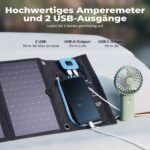 BigBlue B401D faltbares 28-Watt-Solarpanel aufgeklappt mit USB-Anschlüssen und Stromanzeige