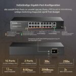 MokerLink 16-Port PoE-Switch mit 250 W Budget und zwei Gigabit-Uplinks im Metallgehäuse