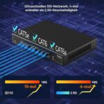 Schwarzer VIMIN 10-Gigabit-PoE-Switch mit acht RJ45-Ports im Metallgehäuse, Frontansicht.