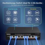 Schwarzer YuanLey 2,5-Gigabit-PoE-Switch mit acht PoE-Ports und zwei 10-Gigabit-Uplinks im lüfterlosen Metallgehäuse.