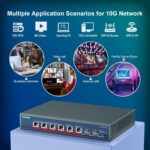 YuanLey Netzwerk-Switch im Metallgehäuse mit sechs RJ45-Anschlüssen und zwei SFP+-Steckplätzen an der Frontseite.