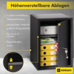 Schwarzer HomeSafe HV50K Möbeltresor mit Doppelbart-Schlüsselschloss und einem Einlegeboden.