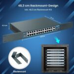 YuanLey 26 Port PoE-Switch im Metallgehäuse mit 24 PoE-Ports und zwei Gigabit-Uplinks auf der Frontseite.