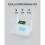 Hiseeu Solar-Kameraset: vier weisse Schwenkkameras mit aufgesetztem Solarpanel und der Funk-Rekorder mit Festplatte.