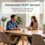 Aranet4 Home CO2-Messgerät mit E-Tinten-Display, das CO2-Wert, Temperatur und Luftfeuchtigkeit anzeigt.