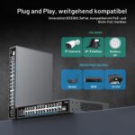 NICGIGA NIC-GS2421P PoE-Switch im schwarzen Metallgehäuse mit 24 PoE-Ports, zwei Uplink-Ports und SFP-Steckplatz.