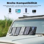 BigBlue B401D faltbares 28-Watt-Solarpanel aufgeklappt mit USB-Anschlüssen und Stromanzeige