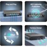 Schwarzer 19-Zoll-PoE-Switch NICGIGA FS2420GP mit 24 PoE-Ports und zwei Uplink-Ports an der Frontseite.