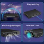 Schwarzer VIMIN 10-Gigabit-PoE-Switch mit acht RJ45-Ports im Metallgehäuse, Frontansicht.