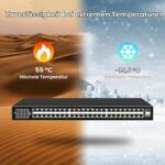 Schwarzer 19-Zoll-PoE-Switch VIMIN VM-GS4802P mit 48 Gigabit-Ports und zwei SFP-Uplinks an der Frontseite.