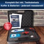 PeakTech P 3435: Sender und Empfänger des Leitungssuchgeräts mit LCD-Anzeige, dazu Prüfleitungen und Klemmen.