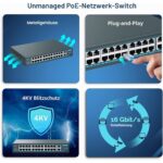 YuanLey 26 Port PoE-Switch im Metallgehäuse mit 24 PoE-Ports und zwei Gigabit-Uplinks auf der Frontseite.