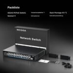 NICGIGA NIC-GS2421P PoE-Switch im schwarzen Metallgehäuse mit 24 PoE-Ports, zwei Uplink-Ports und SFP-Steckplatz.