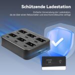 Sechs schwarze Retevis RT27 Handfunkgeräte mit Gürtelclips neben dem Sechs-Wege-Ladegerät.