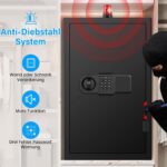 Schwarzer Tiskgg Standtresor mit 85 Liter, beleuchtete Tastatur des Zahlenschlosses und Drehknauf, geöffnete Tür mit herausnehmbarem Regal