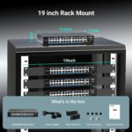 Schwarzer 19-Zoll-PoE-Switch NICGIGA FS2420GP mit 24 PoE-Ports und zwei Uplink-Ports an der Frontseite.