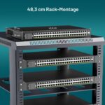 Schwarzer 19-Zoll-PoE-Switch VIMIN VM-GS4802P mit 48 Gigabit-Ports und zwei SFP-Uplinks an der Frontseite.
