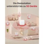 Weisser Rauchmelder X-Sense XS01-M neben der flachen quadratischen Basisstation SBS50 des Sets FS61.