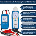 PeakTech P 3435: Sender und Empfänger des Leitungssuchgeräts mit LCD-Anzeige, dazu Prüfleitungen und Klemmen.