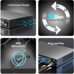 NICGIGA NIC-GS2421P PoE-Switch im schwarzen Metallgehäuse mit 24 PoE-Ports, zwei Uplink-Ports und SFP-Steckplatz.