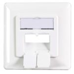 Geschirmte BIGtec Netzwerkdose CAT 6a in Signalweiss mit zwei RJ45-Buchsen, Schutzklappen und LSA-Anschluss.