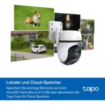 TP-Link Tapo C530WS Schwenk-Neige-Aussenkamera in Weiss mit zwei Antennen und Scheinwerfern