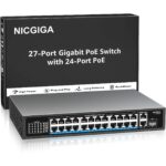 Schwarzer 19-Zoll-PoE-Switch NICGIGA FS2420GP mit 24 PoE-Ports und zwei Uplink-Ports an der Frontseite.