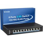 Schwarzer VIMIN 10-Gigabit-PoE-Switch mit acht RJ45-Ports im Metallgehäuse, Frontansicht.