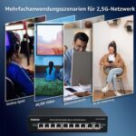 Schwarzer YuanLey 2,5-Gigabit-PoE-Switch mit acht PoE-Ports und zwei 10-Gigabit-Uplinks im lüfterlosen Metallgehäuse.