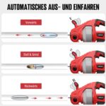 POPULO Akku-Rohrreinigungsspirale mit Trommel, Bedienhebel, LED-Licht und eingesetztem Akku.
