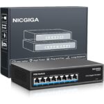 NICGIGA NIC-GS2421P PoE-Switch im schwarzen Metallgehäuse mit 24 PoE-Ports, zwei Uplink-Ports und SFP-Steckplatz.