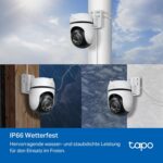 TP-Link Tapo C530WS Schwenk-Neige-Aussenkamera in Weiss mit zwei Antennen und Scheinwerfern