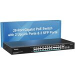Schwarzer 19-Zoll-PoE-Switch VIMIN VM-GS4802P mit 48 Gigabit-Ports und zwei SFP-Uplinks an der Frontseite.