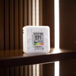 Aranet4 Home CO2-Messgerät mit E-Tinten-Display, das CO2-Wert, Temperatur und Luftfeuchtigkeit anzeigt.
