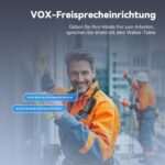 Sechs schwarze Retevis RT27 Handfunkgeräte mit Gürtelclips neben dem Sechs-Wege-Ladegerät.