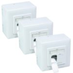 Geschirmte BIGtec Netzwerkdose CAT 6a in Signalweiss mit zwei RJ45-Buchsen, Schutzklappen und LSA-Anschluss.