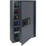 Schwarzer HMF Schlüsseltresor 2100-02 mit elektronischem Zahlenschloss und Hakenleisten für 100 Schlüssel.