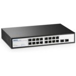 YuLinca Managed Switch mit acht SFP+-Plätzen im schwarzen Metallgehäuse, Frontansicht