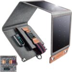 BigBlue B401D faltbares 28-Watt-Solarpanel aufgeklappt mit USB-Anschlüssen und Stromanzeige