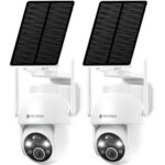 Zwei graue YESYAMO C8TB Solar-Überwachungskameras mit schwenkbarem Kopf und Solarpanel