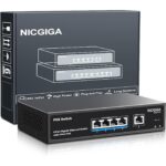Schwarzer 19-Zoll-PoE-Switch NICGIGA FS2420GP mit 24 PoE-Ports und zwei Uplink-Ports an der Frontseite.